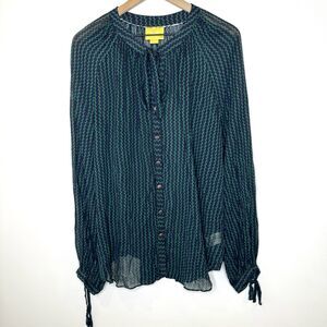 Maeve Women's XL Della Zig Zag Blouse Top Tie Neck Top Green Black Sheer Viscose